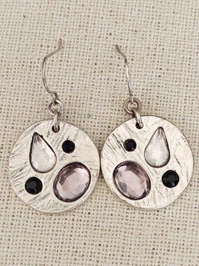 Silver etched disc earrings with purple, clear and black bead accents